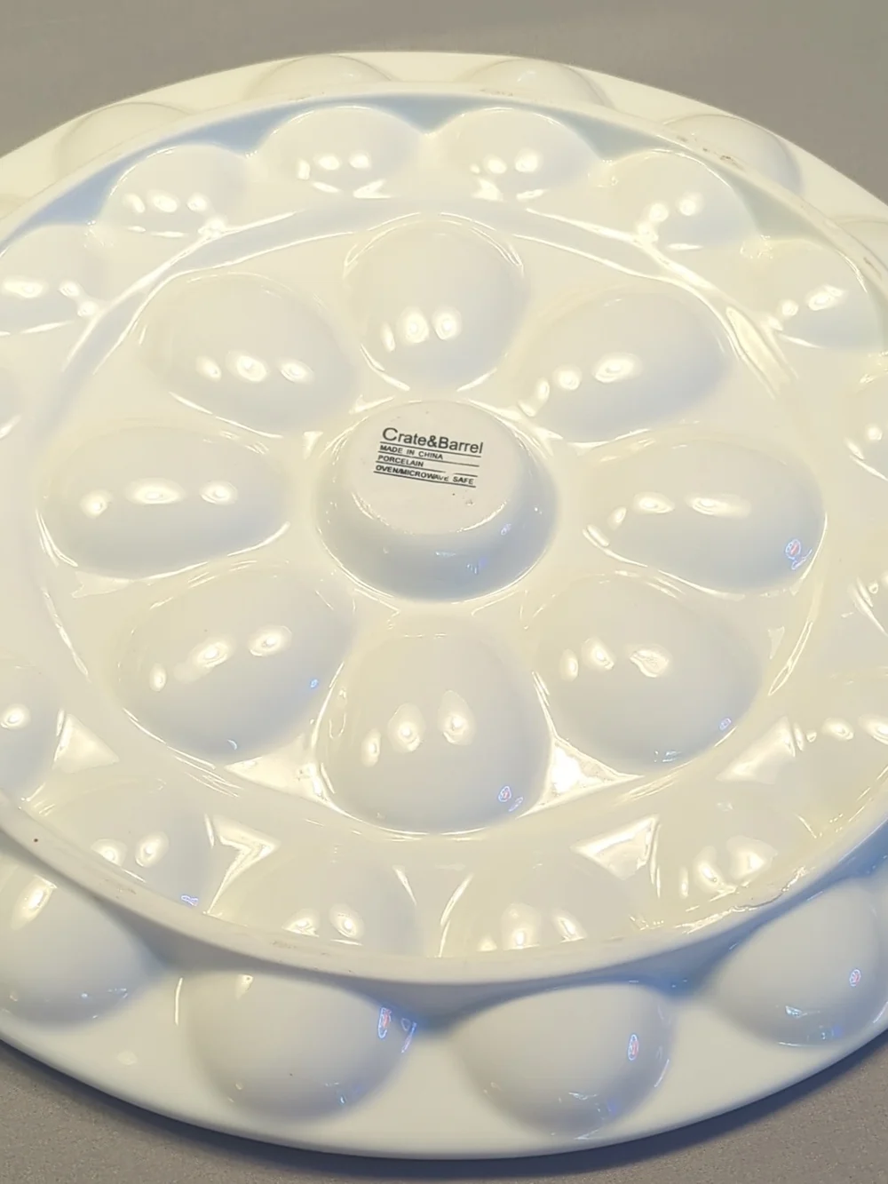 White Ceramic Deviled Egg Platter with Central Dip Bowl